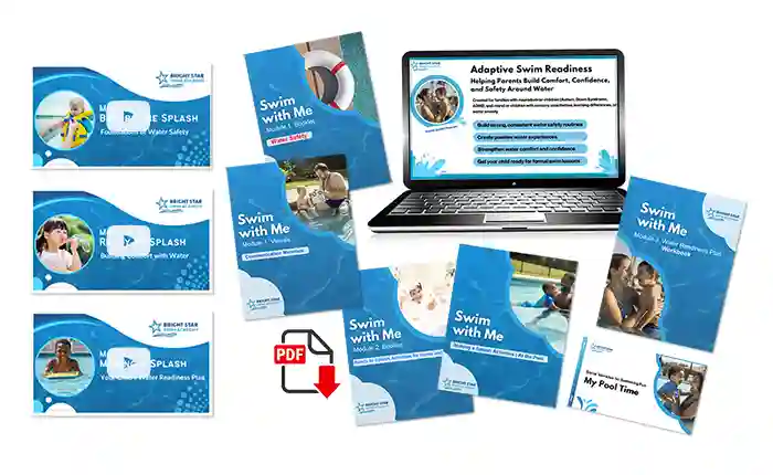 Image of laptop, thumbnail of 3 Module Presentations--Before the Splash, Ready to Splash, Making a Splash--and cover pages of PDFs: Water Safety, Communication Materials, Ready to Splash Activities for Home and Bath, Making a Splash Activities | At the Pool, Water Readiness Plan Workbook, Social Narrative-My Pool Time along with icon of PDF. Purpose is to depict videos and PDF digital, downloadable materials included in this purchase.