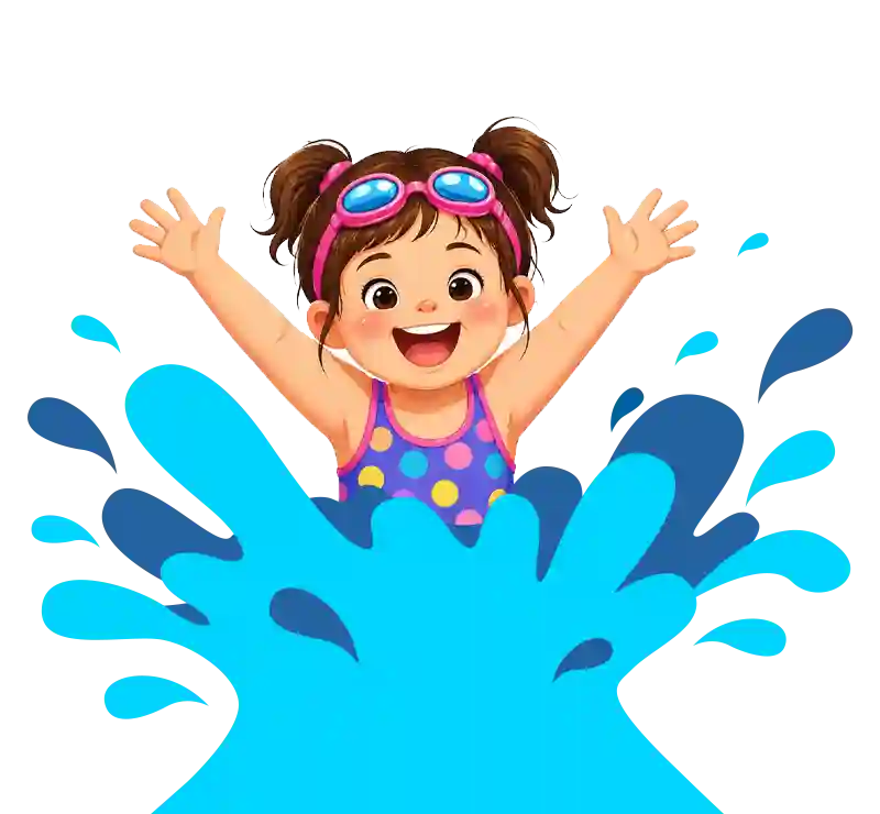 Cartoon: Happy, smiling six-year old girl with large, brown eyes, brown hair in pony tails, pink goggles sitting on top of her head. Her arms are outstretched, palms out wearing purple, polka-dotted swimsuit. A big, blue water splash from waist down.