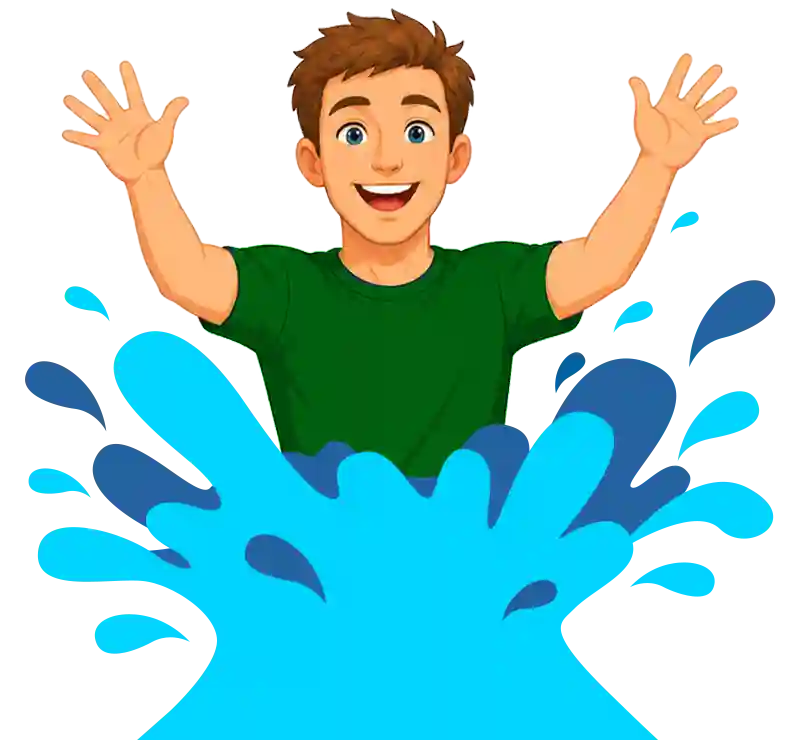Cartoon: Happy, smiling young man with large blue eyes, light brown hair, and medium complexion with both arms outstretched, palms out. He's wearing a forest green rashguard t-shirt with a big, blue splash of water from waist down.