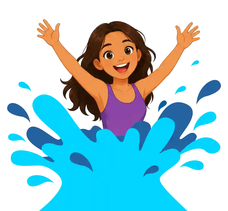 Cartoon: Happy, smiling teen girl with large, brown eyes, long brown hair, and bronze complexion with both arms stretched out above head. She's wearing a purple swimsuit with a big, blue splash of water from waist down.