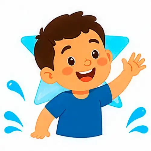 Cartoon: Happy, smiling young boy with brown hair and eyes, waving "look at me" in the water. The star image behind him depicts that he is the star of the learn-to-swim journey.