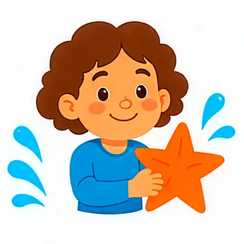 Cartoon: Smiling, young child with thick, wavy auburn, chin-length hair holding a wet, orange starfish.